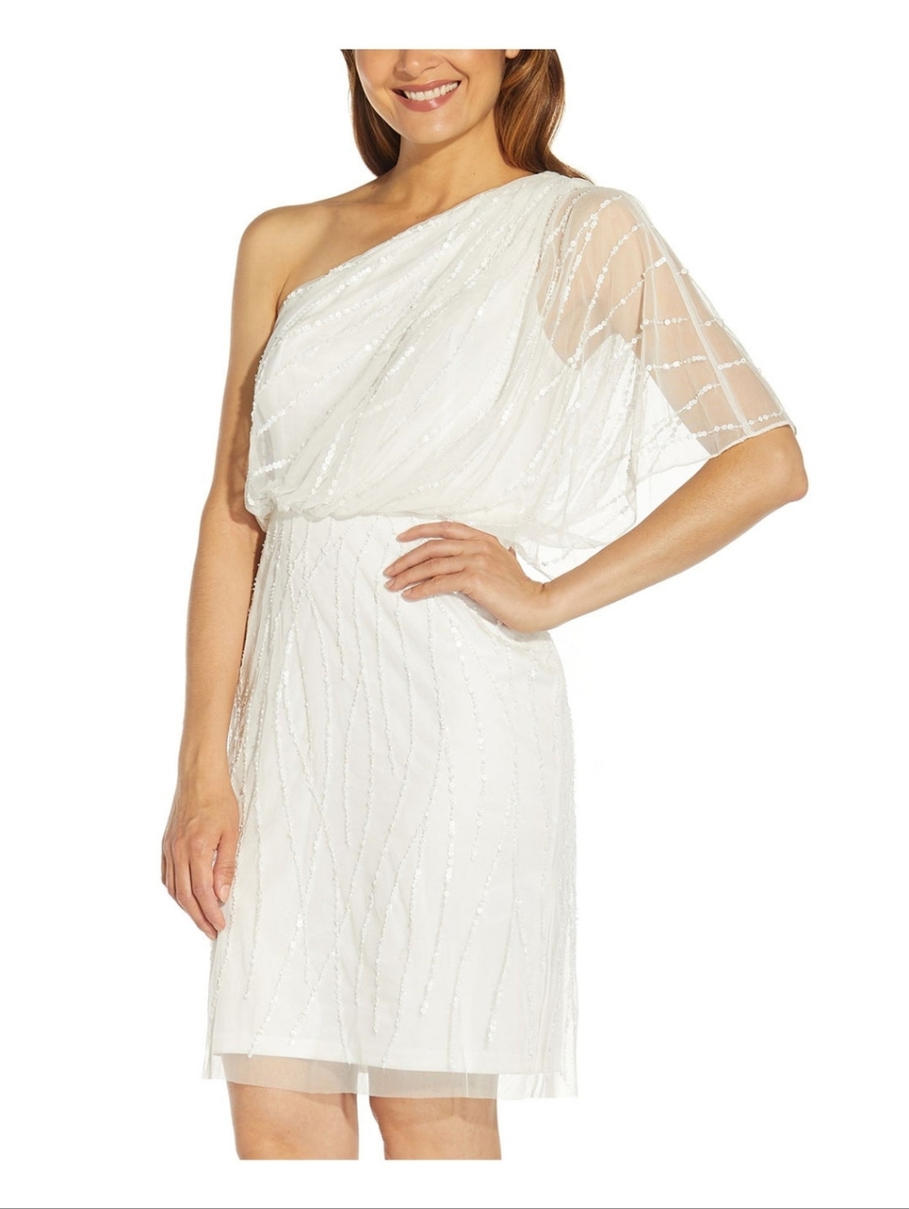 Adrianna Papell White One-Shoulder Beaded Sequin Cocktail Dress Size 6 NWT - Picture 7 of 8